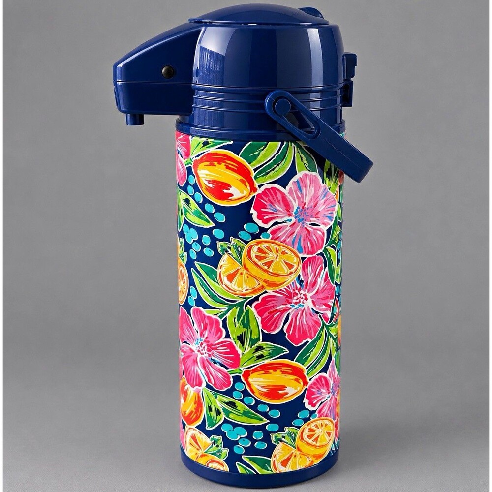 Insulated Vacuum Flask 1L Floral Navy Blue Thermal Pot with Handle Hot Cold 8 Hr